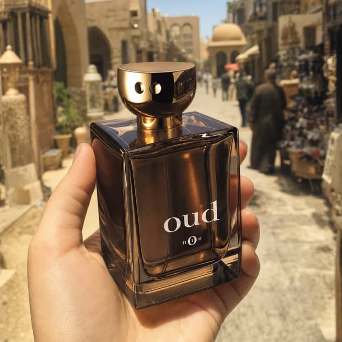 The same bottle, held up in a sunlit souk street, ready to post